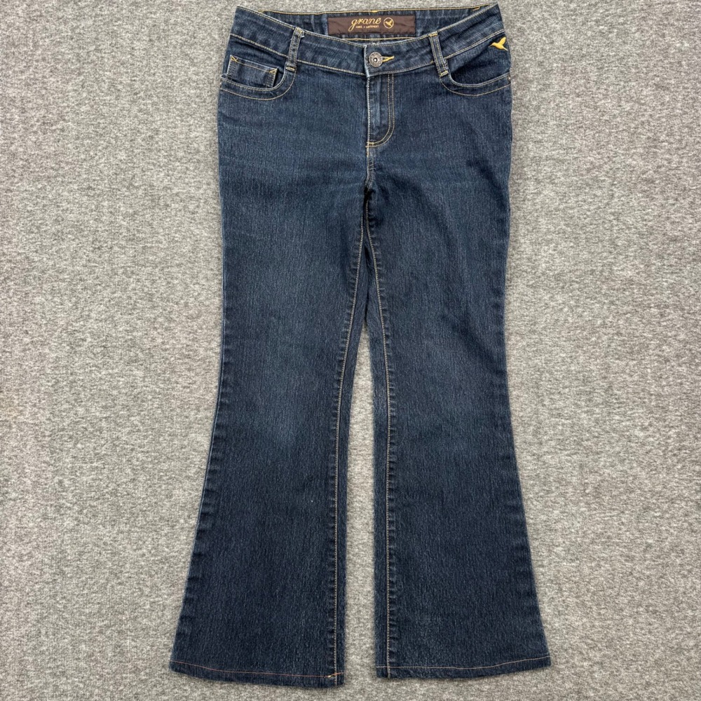 Grane Women‎ Dark Wash Flare Leg Jeans Size 7 Tall Embroidered Back Pocket Y2K